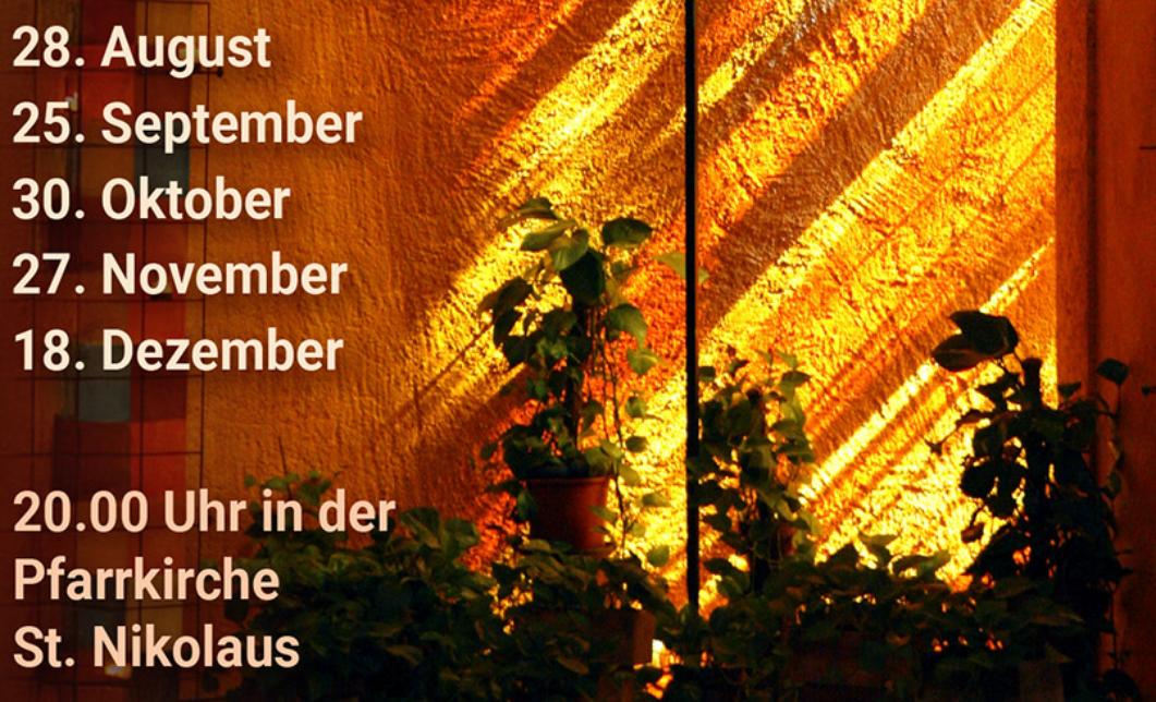 it Gesängen aus der Gemeinschaft von Taizé (Burgund) findet in der Kirche von St. Nikolaus in Konz (Martinstraße 20) fast monatlich um 20 Uhr ein Abendgebet bei Kerzenlicht statt. Dazu sind Jugendliche wie Erwachsene, evangelische wie katholische Christen sowie suchende und fragende Menschen herzlich eingeladen. Das Gebet dauert ca.1 Stunde und ist von Gesängen, Schrifttext, Stille und Gebet(smöglichkeit) an der Kreuzikone von Taizé geprägt. Wer möchte, der ist danach noch zu Tee und Gebäck eingeladen.